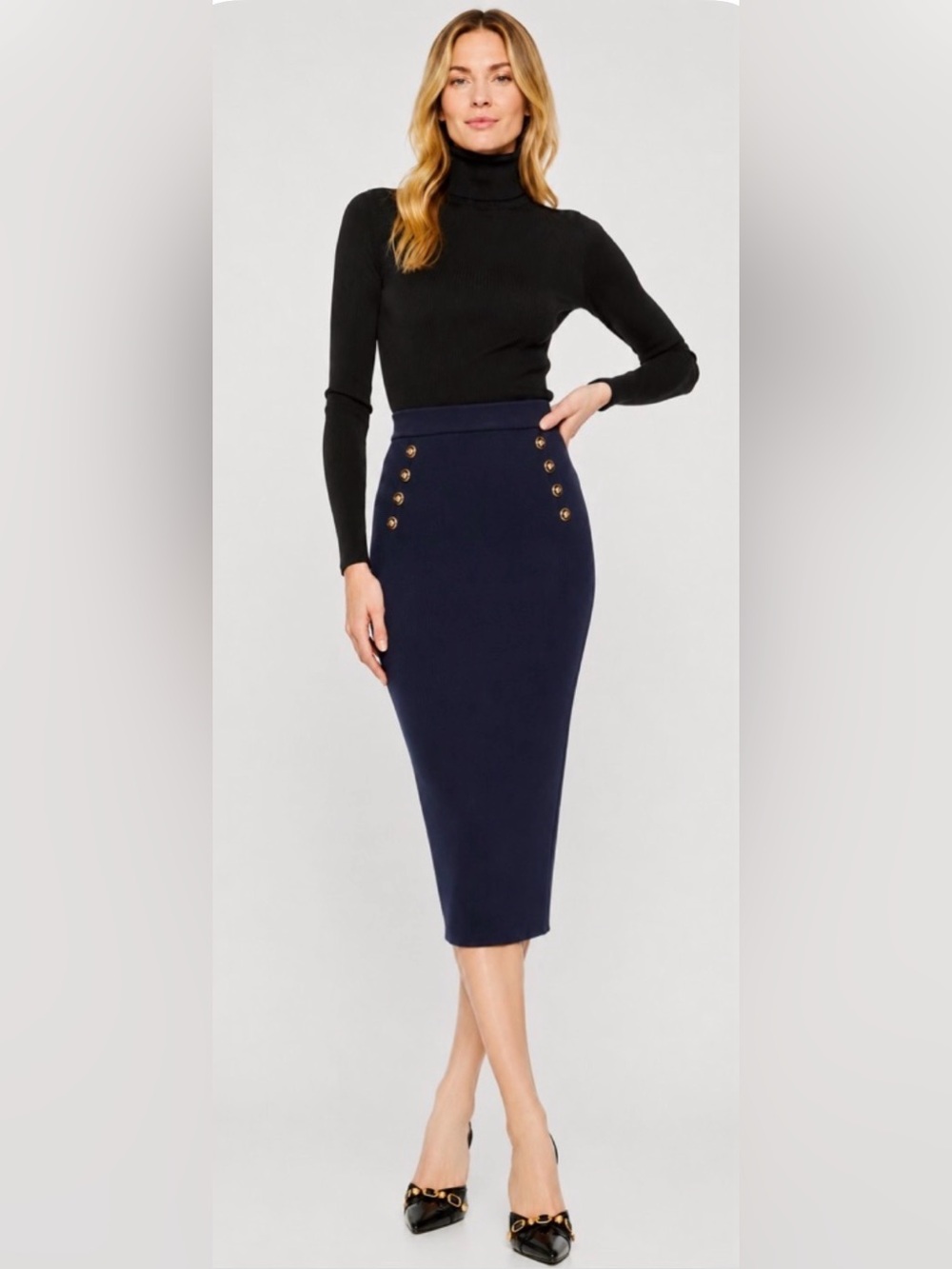 NWT Alexia Admor Ribbed Knit Jersey Midi Skirt Size L Navy Blue Nautical Office